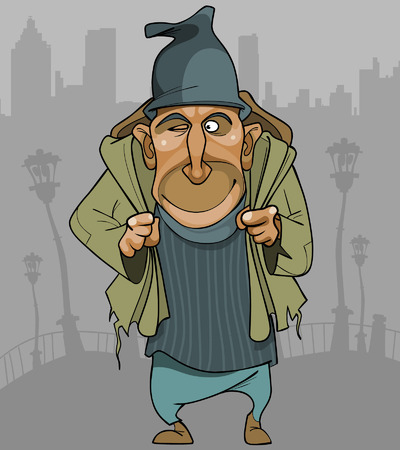 cartoon man in ragged clothes with a backpack in the cityのイラスト素材