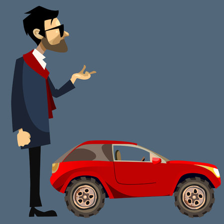 cartoon man in suit beside a small red SUVのイラスト素材