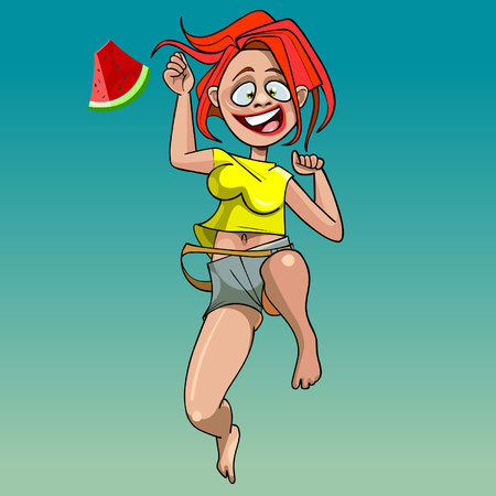 cartoon funny woman with piece of watermelon happily jumpingのイラスト素材