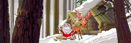 cartoon joyous Santa Claus standing with a moose in the winter woods near the hutのイラスト素材