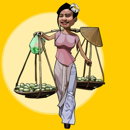 cartoon cheerful Vietnamese woman walks with fruit basketsのイラスト素材