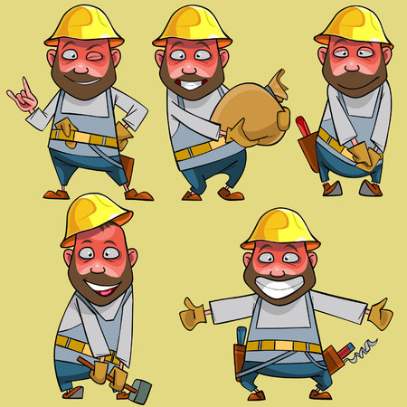 cartoon of a smiling worker in the helmet in various posesのイラスト素材