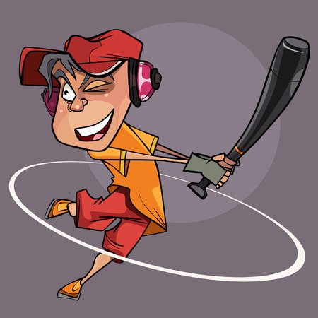 cartoon joyful man with a bat in hand playing baseballのイラスト素材