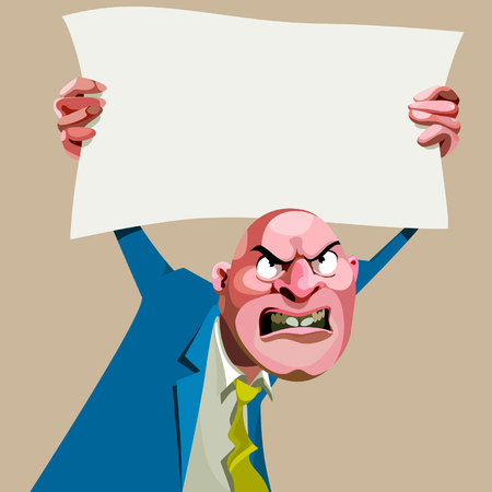 cartoon angry man in a suit holding up a blank bannerのイラスト素材