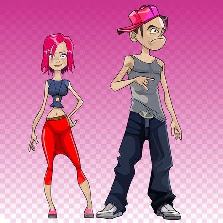 cartoon girl with pink hair and the guy in the cap on a pink backgroundのイラスト素材