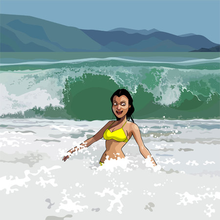 cartoon happy girl in swimsuit having fun in the seaのイラスト素材