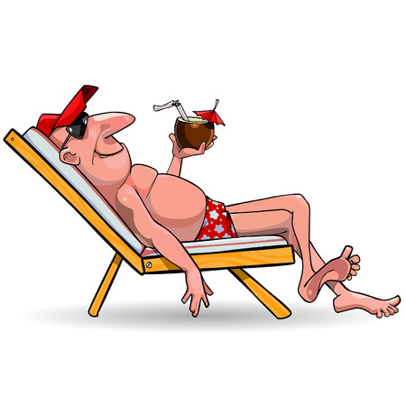 cartoon man resting in a sun lounger with a coconut cocktail in handのイラスト素材