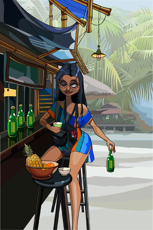 cartoon brunette woman sitting at the bar in the tropicsのイラスト素材