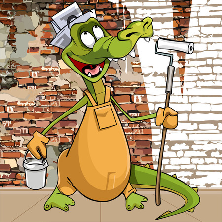 cartoon character funny crocodile in the attire of a painter plastererのイラスト素材