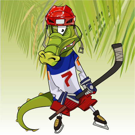 cartoon character funny crocodile in the clothes of a hockey player on skatesのイラスト素材