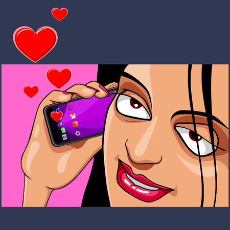 cartoon funny woman speaks of love for mobileのイラスト素材