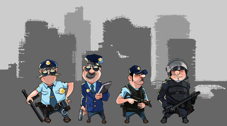 Cartoon men in police uniforms and form of special forces with weaponsのイラスト素材
