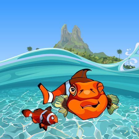 Creative design of a colorful  cartoon funny a clown fishes under water in the sea near the islandのイラスト素材