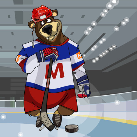 Cartoon character bear dressed in clothes hockey player with stick and puck.のイラスト素材