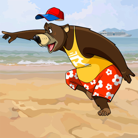 Cartoon character bear in summer clothes on the beach.のイラスト素材