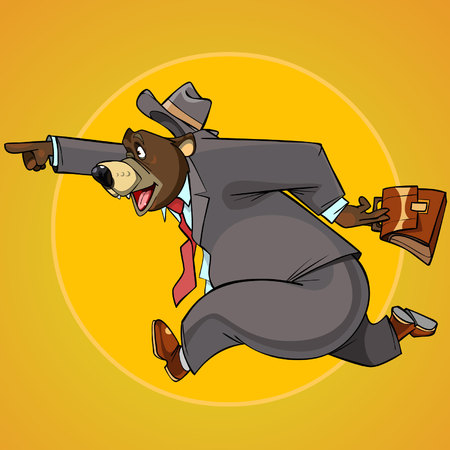 cartoon character bear in a suit with a briefcase pointing runsのイラスト素材