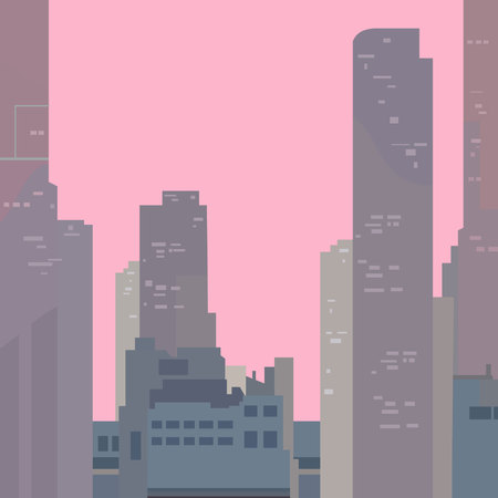Drawn skyscrapers in the city on the pink skyのイラスト素材