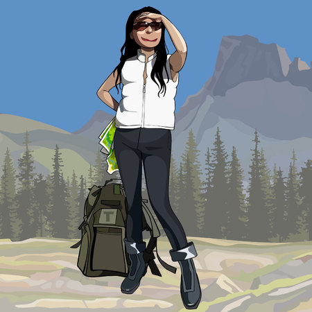 Cartoon female hiker with backpack, looking into the distance in the mountainsのイラスト素材