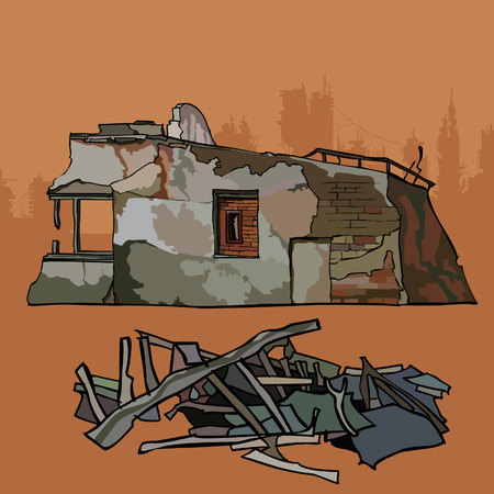 Old dilapidated remnant of a brick building with debrisのイラスト素材