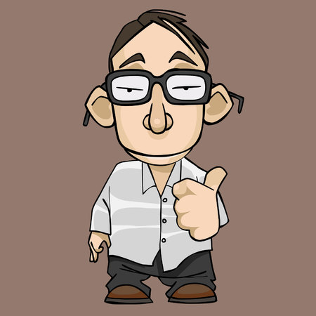 Funny cartoon guy with glasses approvingly showing thumb upのイラスト素材