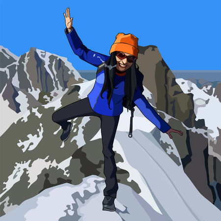 Happy woman at the top of the mountainのイラスト素材
