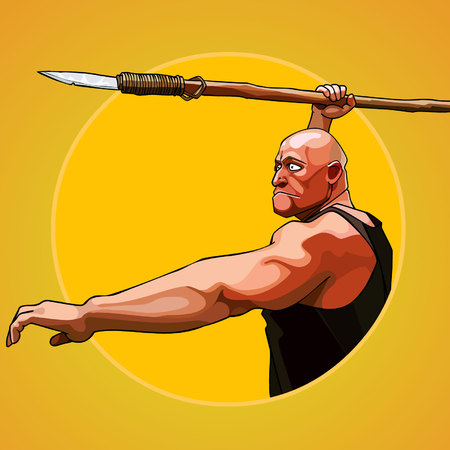 Cartoon brutal man aims to hold a spear in his handのイラスト素材