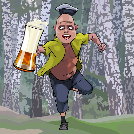 Cartoon man running through the forest with a glass of beerのイラスト素材