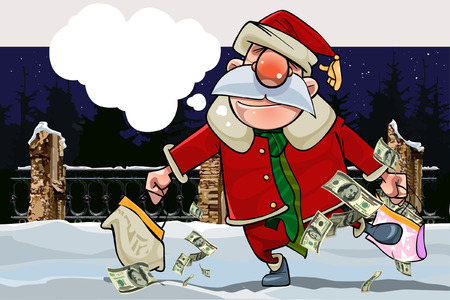 cartoon santa claus with a replica and with bags full of money on a winter nightのイラスト素材