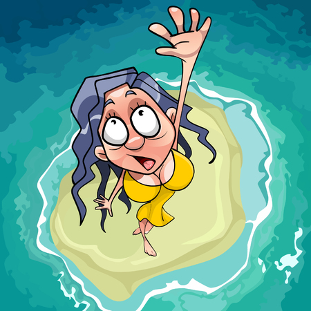 cartoon scared woman falls on the islet in the seaのイラスト素材