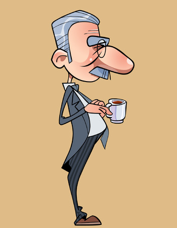 cartoon funny long nosed man in a tailcoat with a cup in handのイラスト素材
