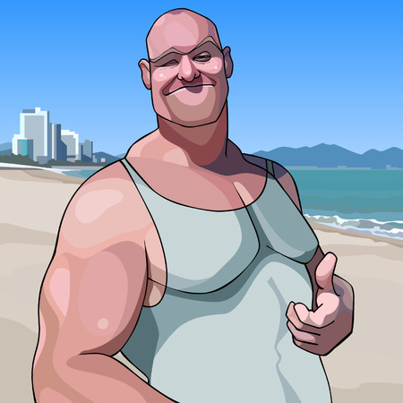 cartoon happy male big guy shows an approving gesture thumb upのイラスト素材