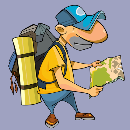 isolated cartoon male tourist looking at the mapのイラスト素材