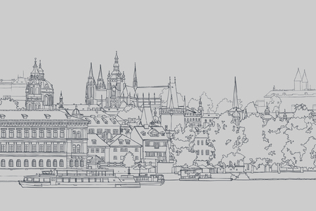 sketch of old European city by the riverのイラスト素材