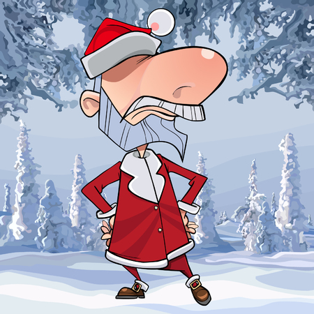 cartoon angry Santa claus stands with arms akimbo in the winter forestのイラスト素材