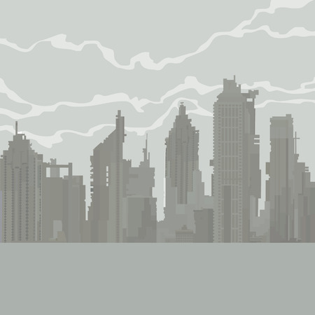 cartoon gray city of dilapidated skyscrapers in the fogのイラスト素材