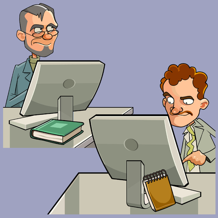 cartoon of two men sitting at computer work tablesのイラスト素材
