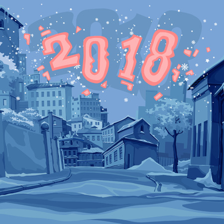 Cartoon illustration of an old town street in winter with 2018 letteringのイラスト素材