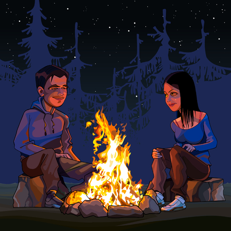 Cartoon man and woman sitting by a campfire at night in the woods.のイラスト素材