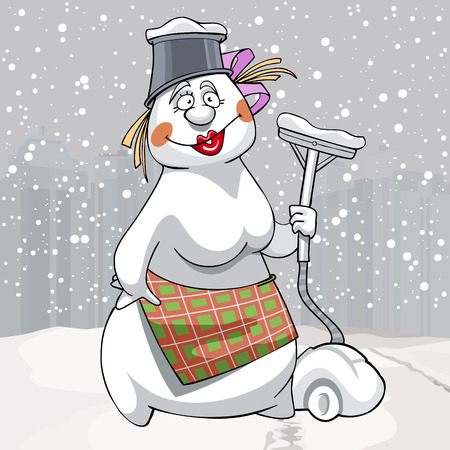 cartoon snowman woman in the apron with vacuum cleaner in handのイラスト素材