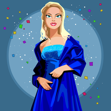 Cartoon beautiful blonde woman in blue evening dressのイラスト素材