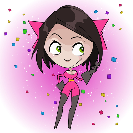 Cartoon character smiling woman with pink bows and pink suitのイラスト素材