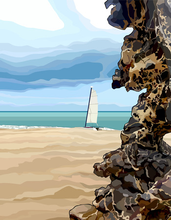 Sandy sea coast with decorative stone and sailboatのイラスト素材