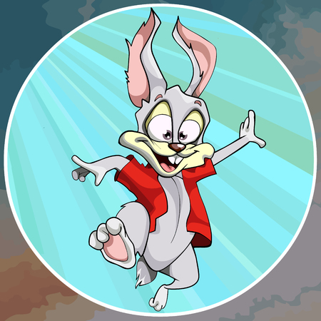 Cartoon joyful hare in red shirt fun jumps illustration.のイラスト素材