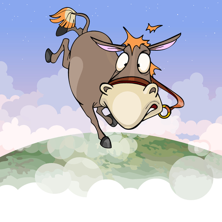 Scared donkey flying in the air over the clouds and of earth's atmosphere.のイラスト素材