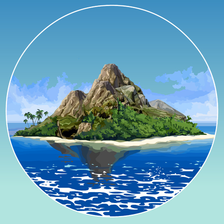Painted beautiful tropical island with mountains and palm trees in the blue sea.のイラスト素材