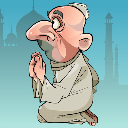 cartoon Muslim man praying while sitting on his lap on a temple background. Vector illustration.のイラスト素材
