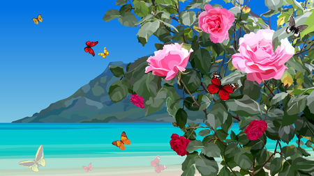 summer azure coast with rose bushes and flying butterfliesのイラスト素材