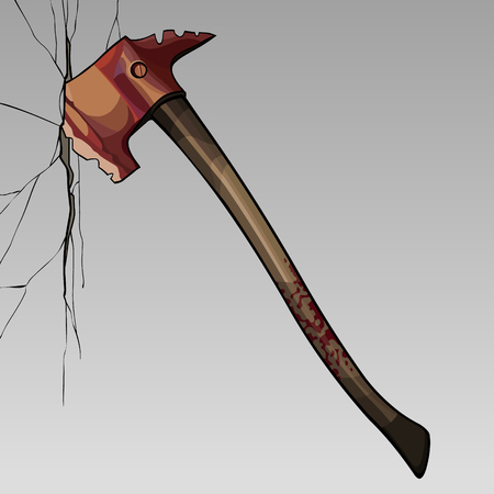 painted old fire axe stuck in a broken wall with cracksのイラスト素材