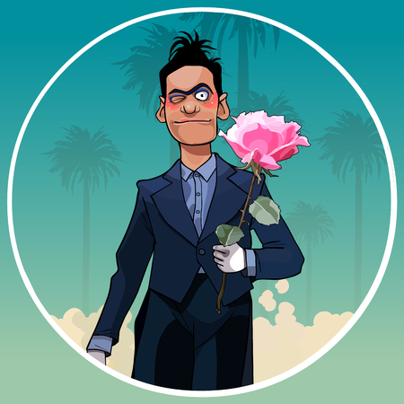 cartoon male clown in black suit with rose in hand in a circle on a background of palm treesのイラスト素材