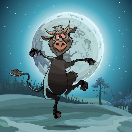 cartoon funny gray devil jumps in the moonlit nightのイラスト素材